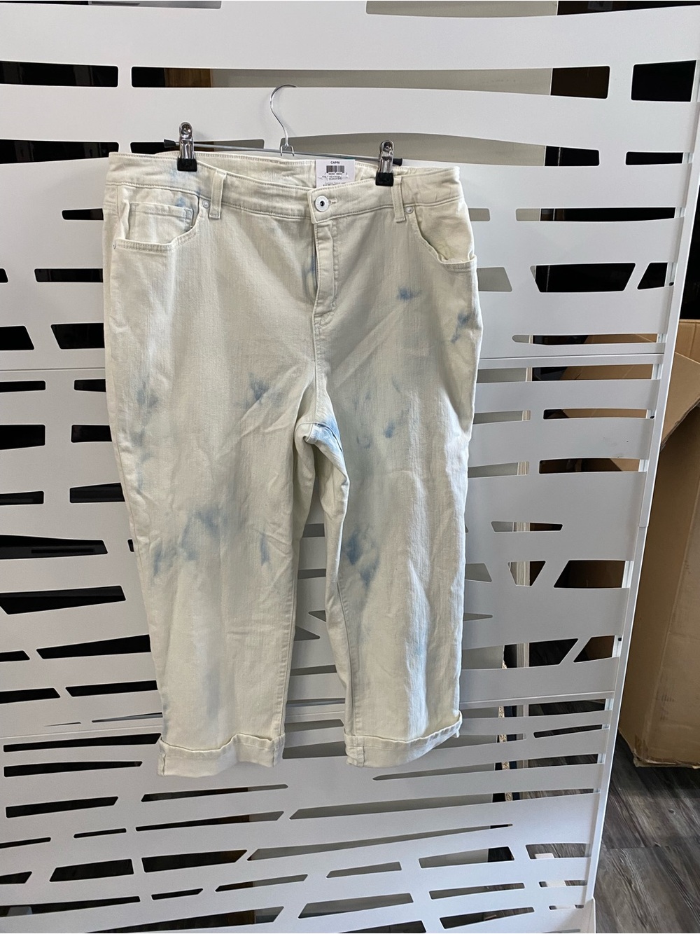 Women’s Light Cream Cropped Jeans/Capris with Subtle Blue Tie-Dye